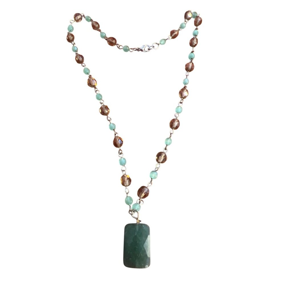 Vintage Silver Tone Bead Necklace Jade Pendant Glass Bead Boho Lobster Clasp 16"